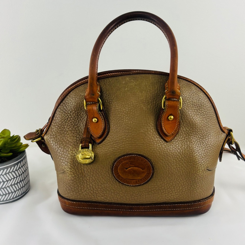 Vtg. Dooney & Bourke All Weather Leather Domed Satchel Taupe British Tan Bag - Picture 2 of 15
